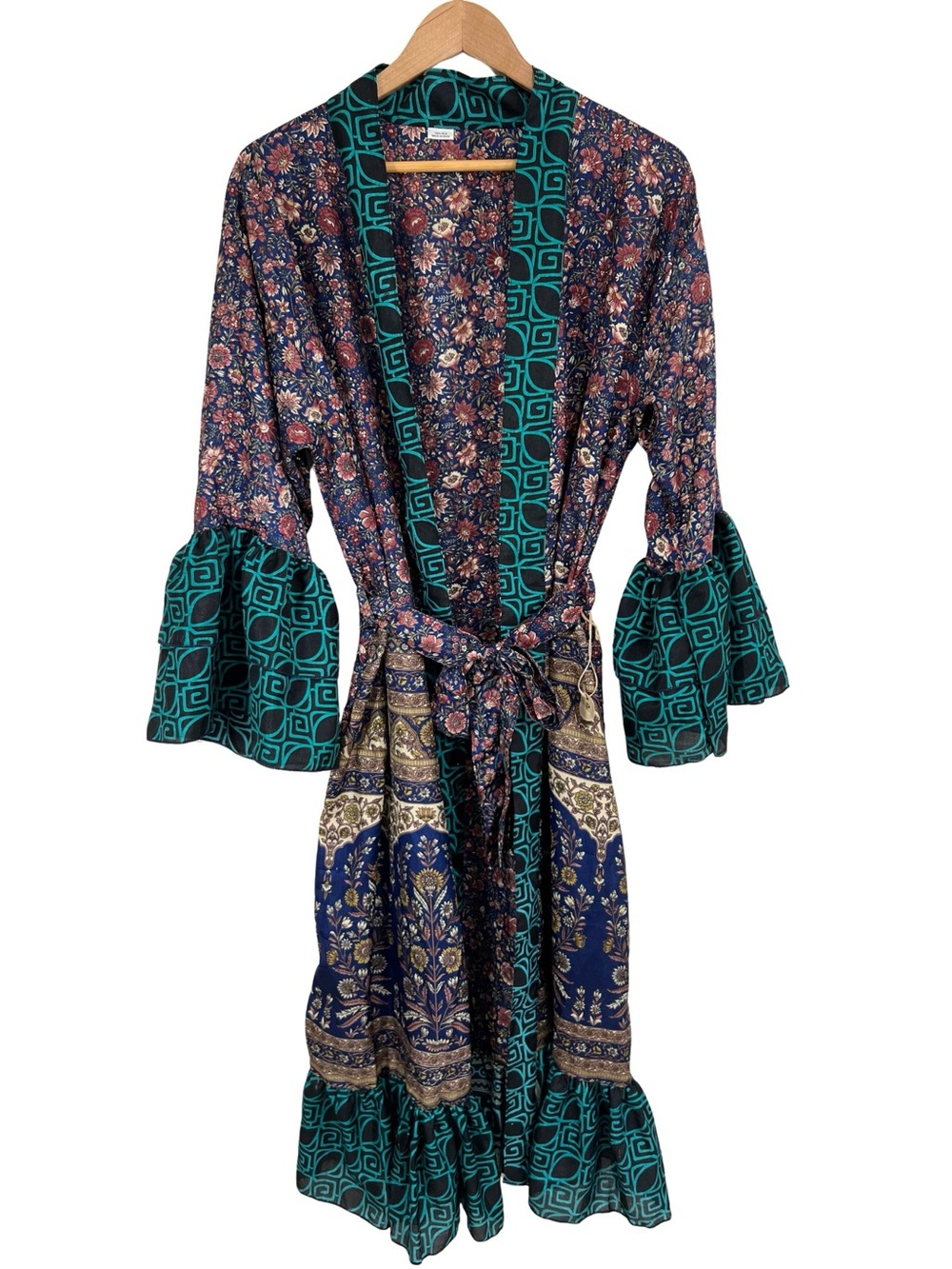 100% Silk Boho Kimono Robe Womens Tie Waist Mixed Print Duster - Picture 2 of 16